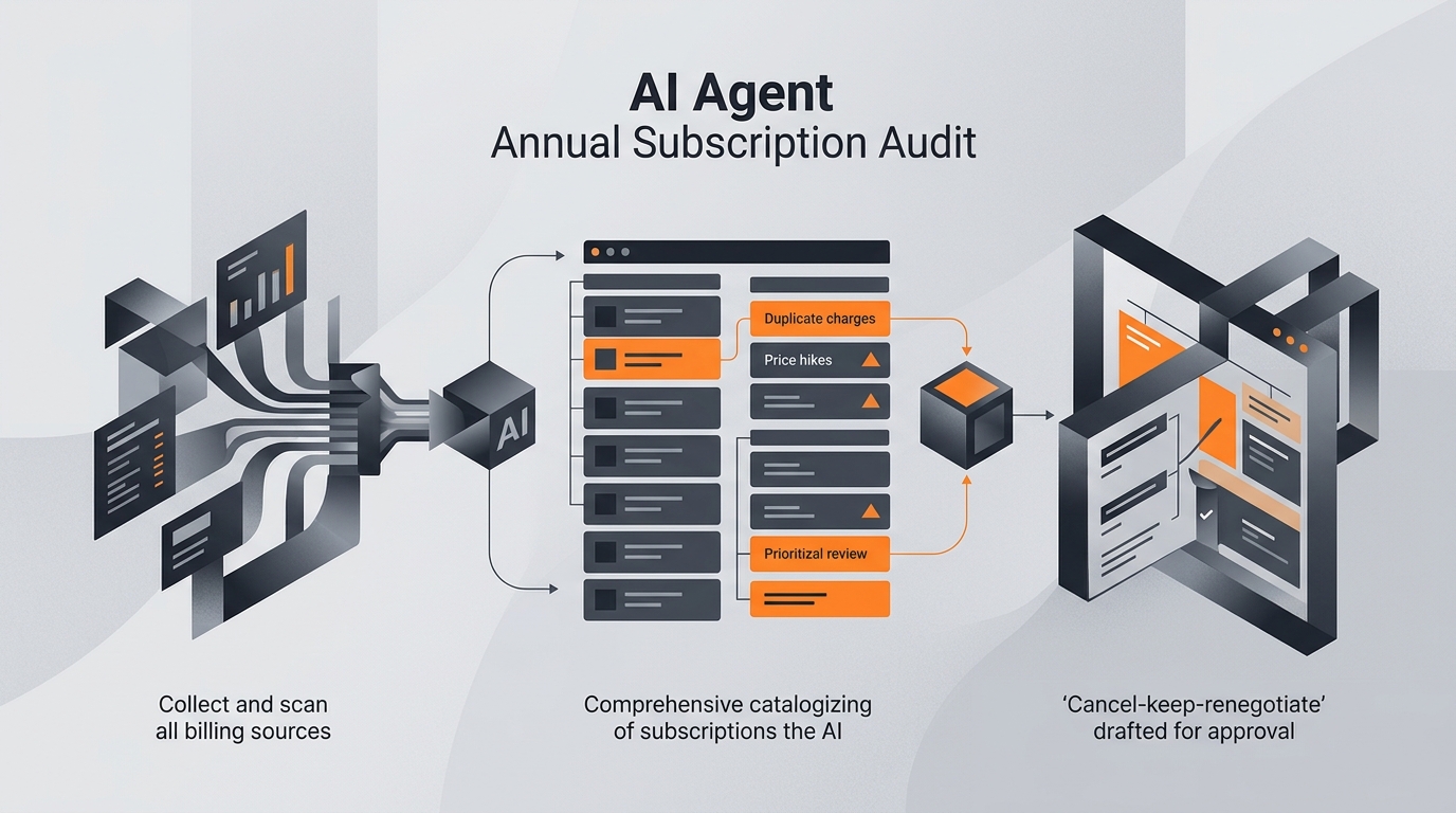 A diagram-style illustration of an AI agent auditing subscriptions: billing sources flowing into a categorized list with duplicates and price increases flagged.