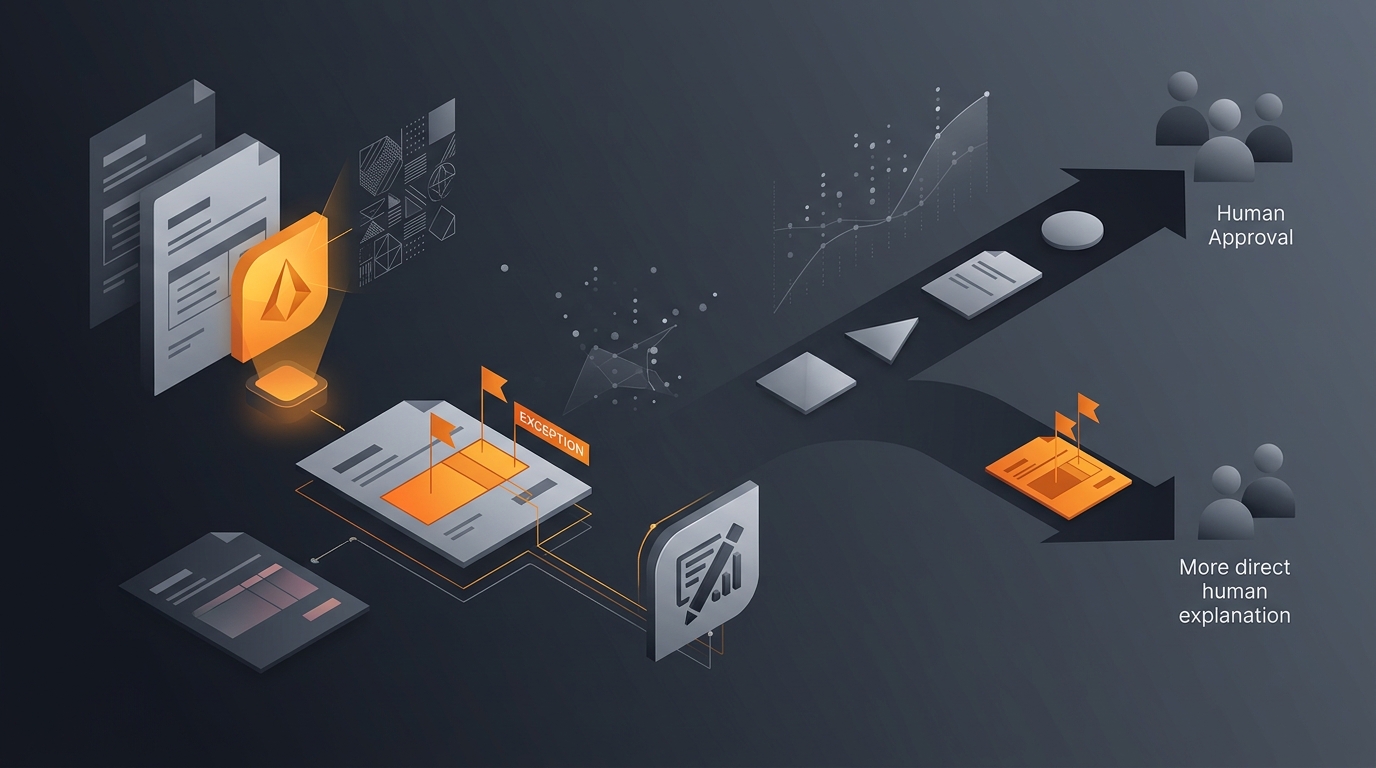 A diagram-style illustration of an AI agent checking expense reports against policy and routing exceptions to an approver.