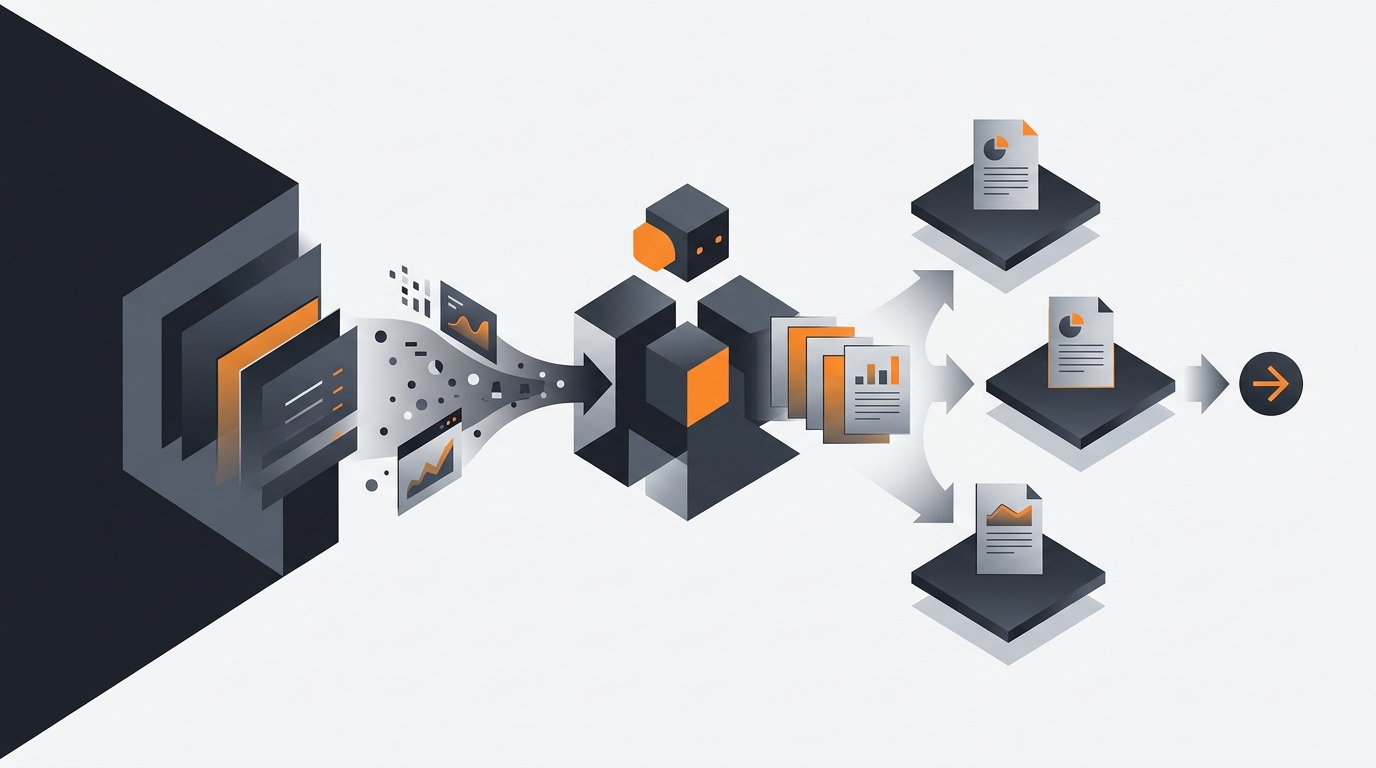 A diagram-style illustration of an AI agent pulling ledger figures into a drafted financial report for a finance lead to review.