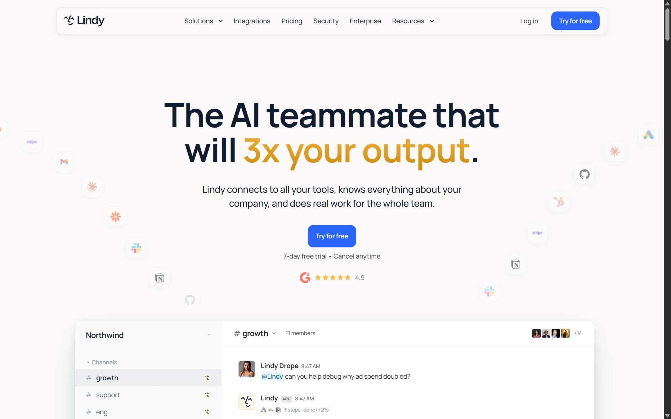 Lindy's front page as I read it on 11 September 2026, selling an AI teammate that connects to your tools, above a screenshot of Lindy answering a question inside a Slack channel.