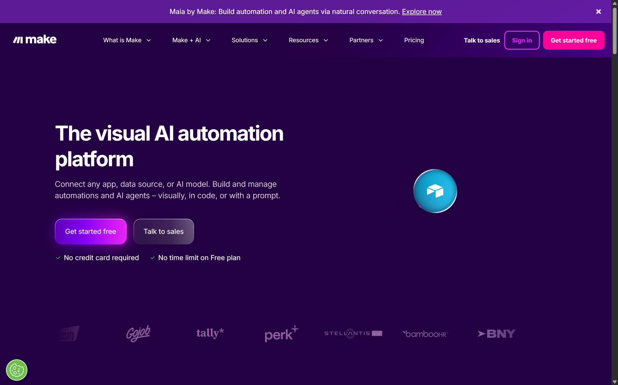 Make's front page as I read it on 11 September 2026, calling itself the visual AI automation platform, with a Pricing link in the nav and a note that the free plan has no time limit.
