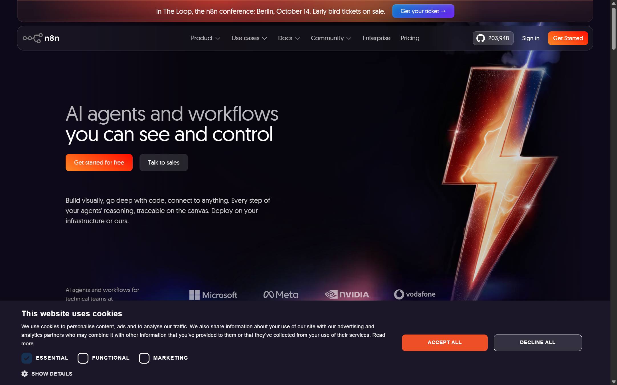 The n8n front page as I read it on 11 September 2026, promising AI agents and workflows you can see and control, with a line about deploying on your infrastructure or theirs.