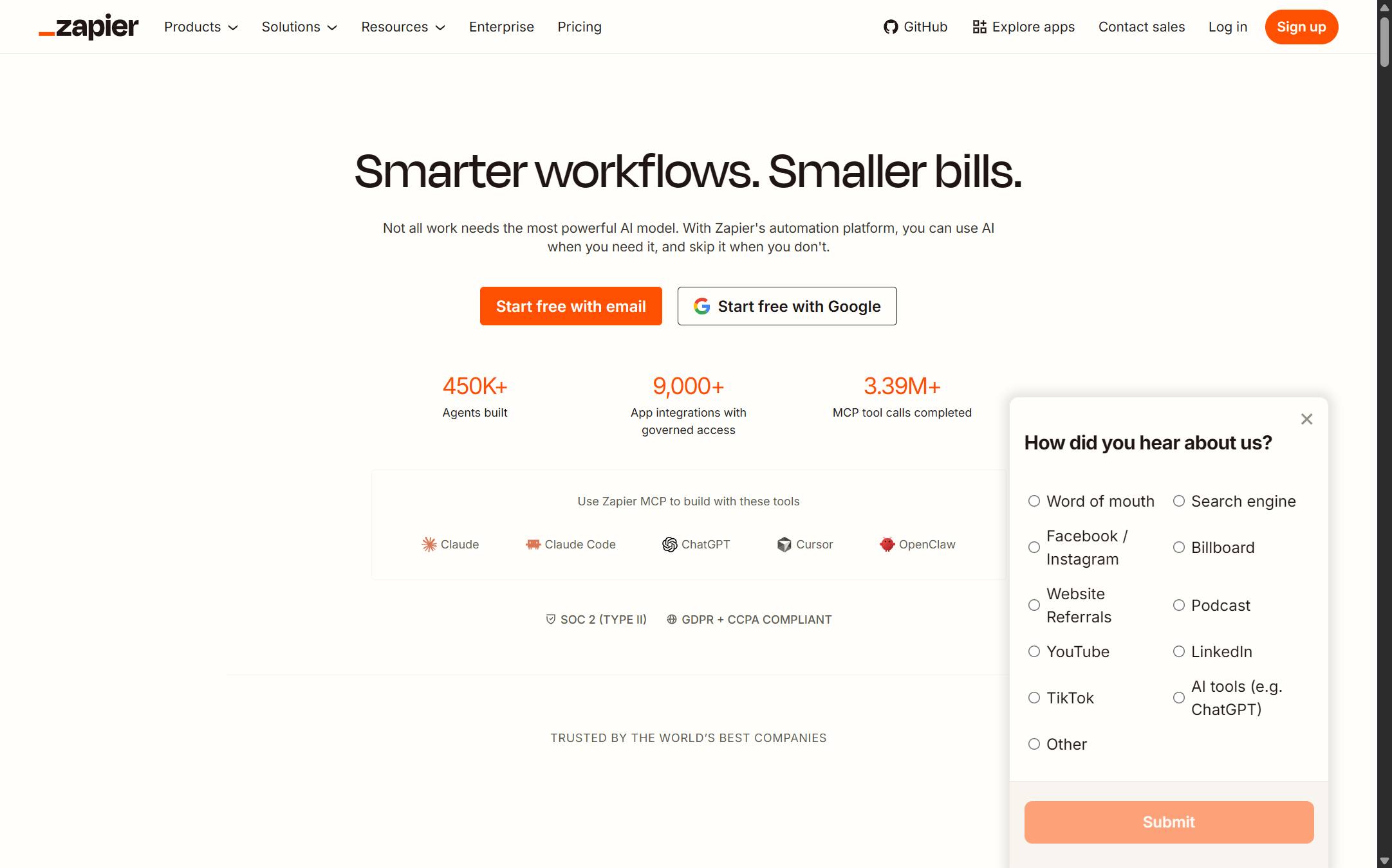 Zapier's front page as I read it on 11 September 2026, headlined Smarter workflows, Smaller bills, with counters for agents built and app integrations and a Pricing link in the top bar.