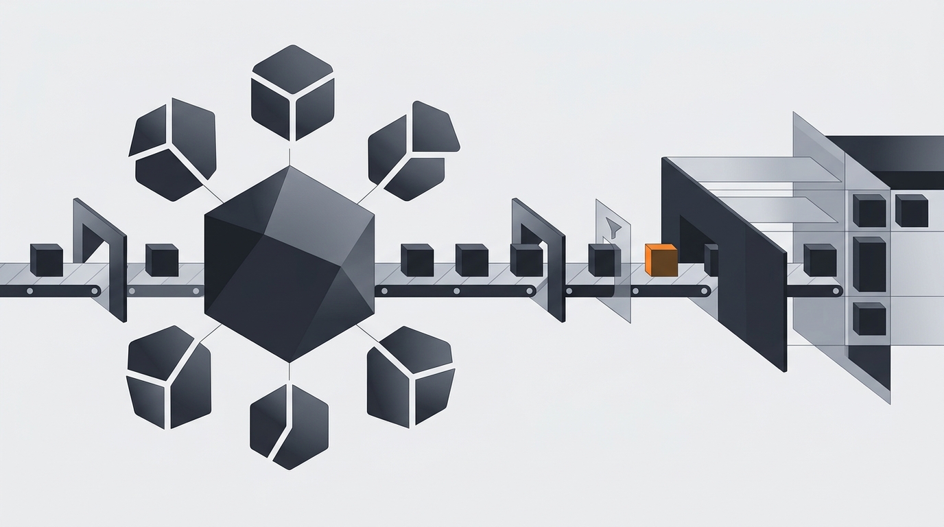 An illustration of a content engine: topic clusters feeding a pipeline of quality gates that ship scheduled blog posts.