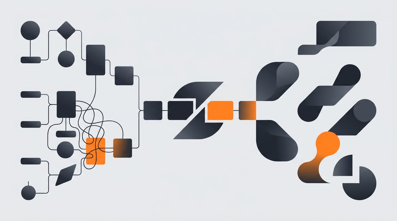A decision-fork illustration: a Zapier-style trigger-action chain on one side and an AI agent on the other, with a signpost in between.